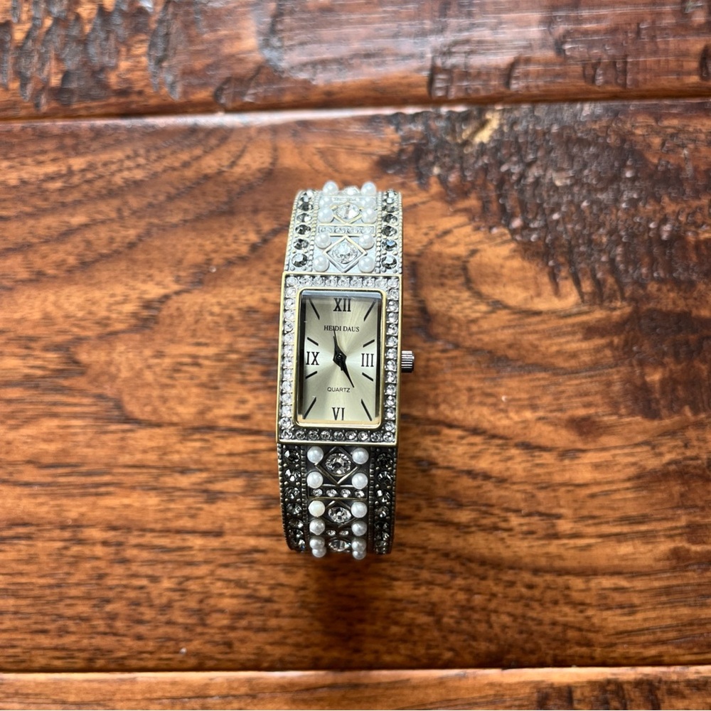 HEIDI DAUS Art Deco Revival RHINESTONE CLAMPER BRACELET WATCH-Untested